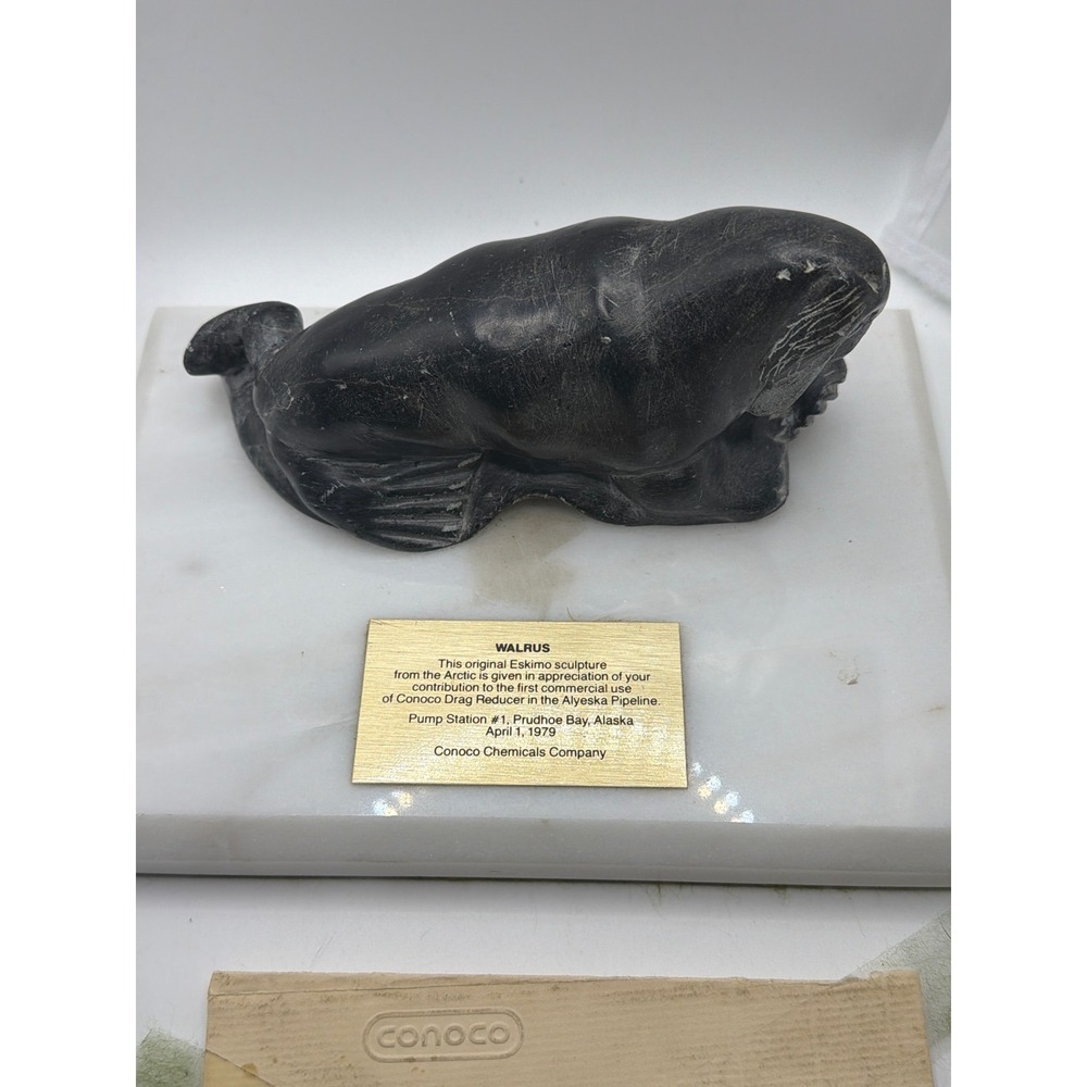 Vintage 1979 Alyeska Pipeline Conoco Walrus Soapstone Sculpture Marble Base
